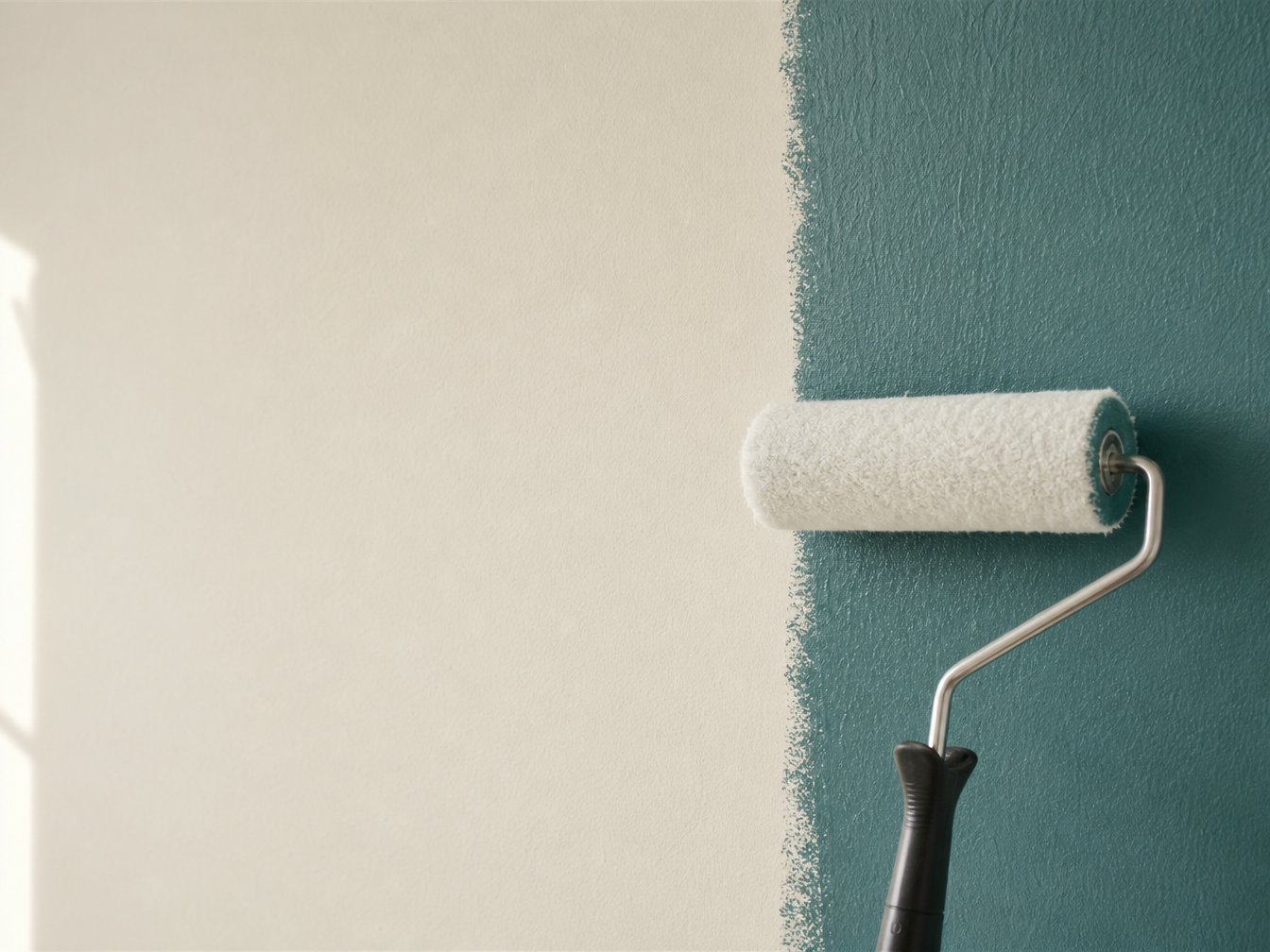Professional paint roller applying fresh teal paint to an interior wall