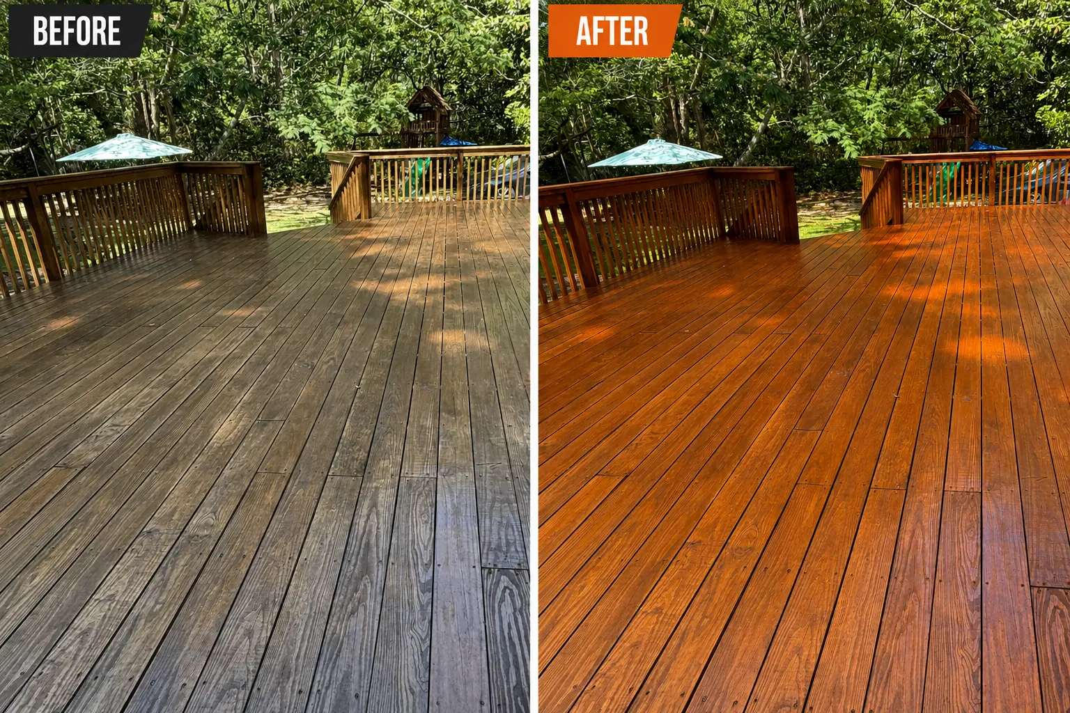 Before-and-after of a weathered backyard deck in Myrtle Beach restored with a warm amber stain